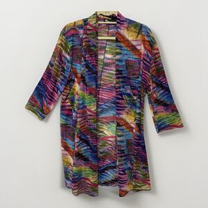 Creation Women's XL Sheer Open Front Long Line Cardigan Rainbow Paint Artsy Boho